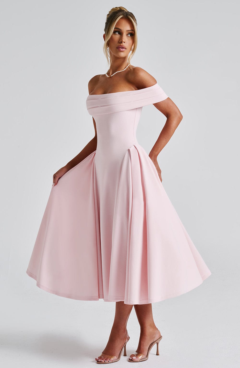 Damen Schulterfreies Midikleid mit gefaltetem Halsausschnitt und ausgestelltem Rock