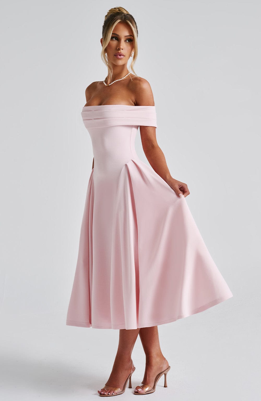 Damen Schulterfreies Midikleid mit gefaltetem Halsausschnitt und ausgestelltem Rock