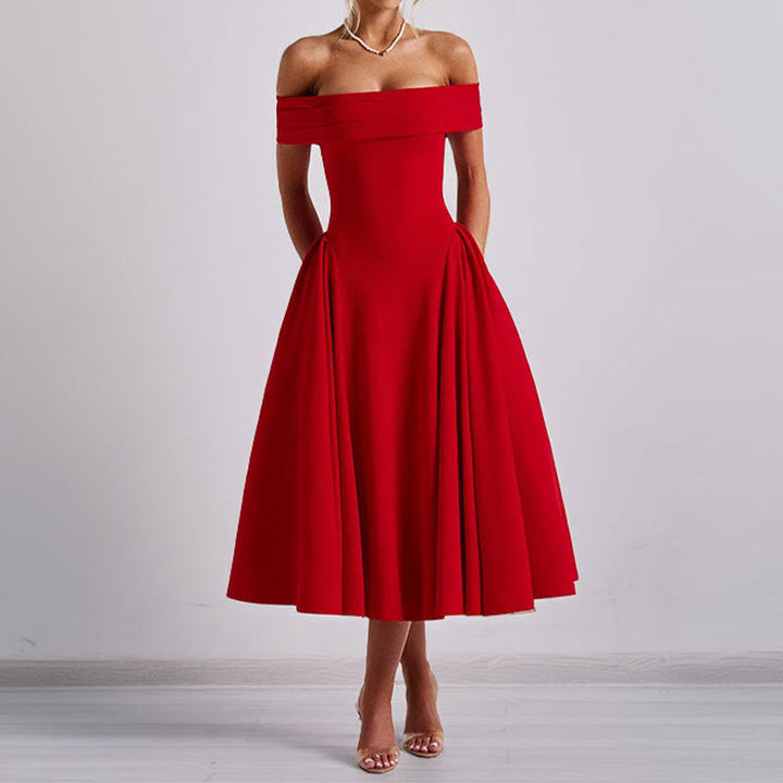Damen Schulterfreies Midikleid mit gefaltetem Halsausschnitt und ausgestelltem Rock