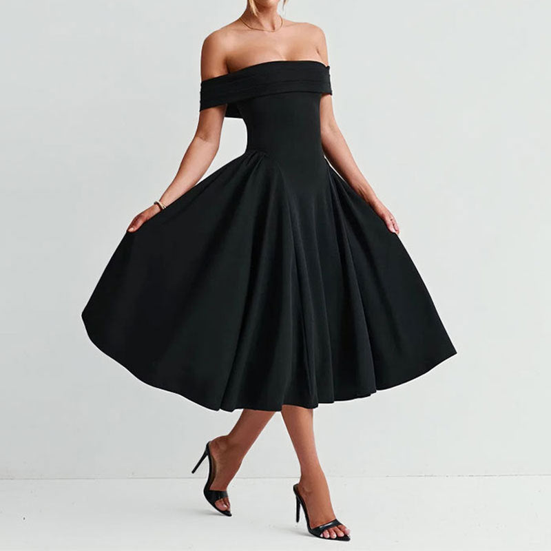 Damen Schulterfreies Midikleid mit gefaltetem Halsausschnitt und ausgestelltem Rock