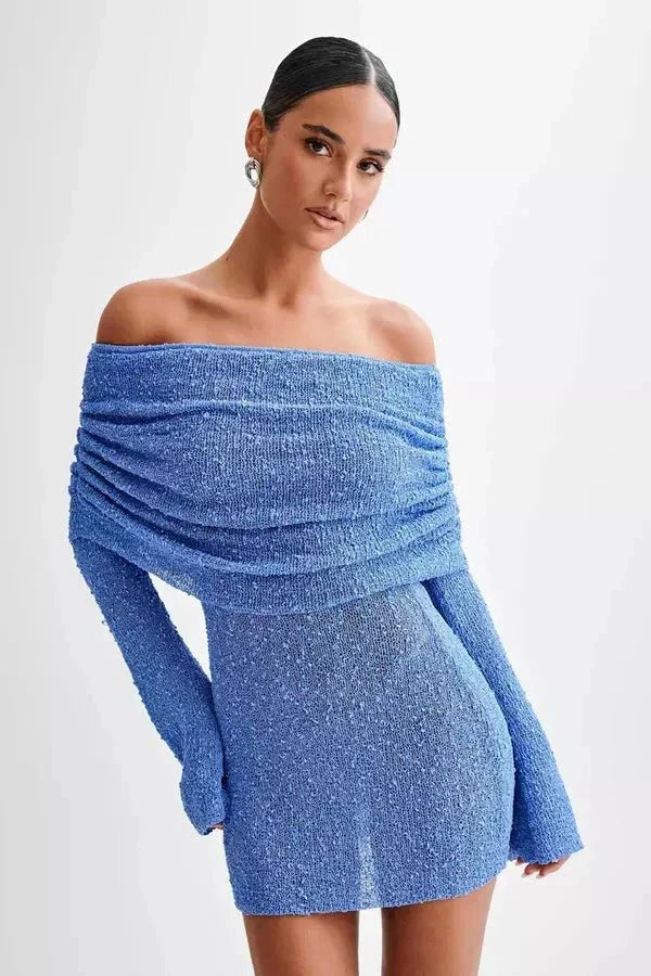 Damen Schulterfreies Minikleid mit Langen Ärmeln Drapierter Brustpartie und Strukturierter Oberfläche