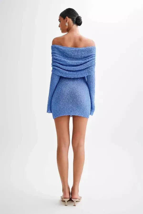 Damen Schulterfreies Minikleid mit Langen Ärmeln Drapierter Brustpartie und Strukturierter Oberfläche