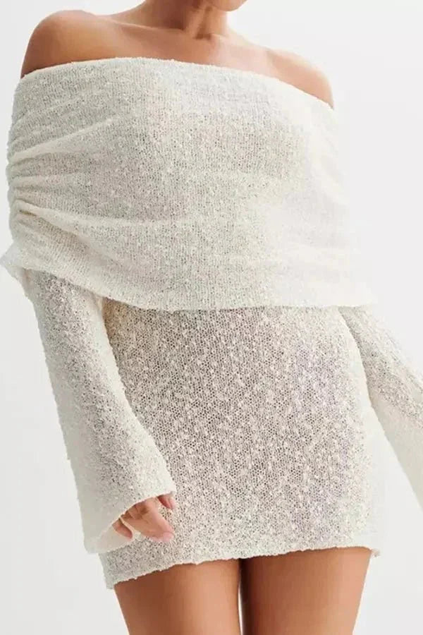 Damen Schulterfreies Minikleid mit Langen Ärmeln Drapierter Brustpartie und Strukturierter Oberfläche