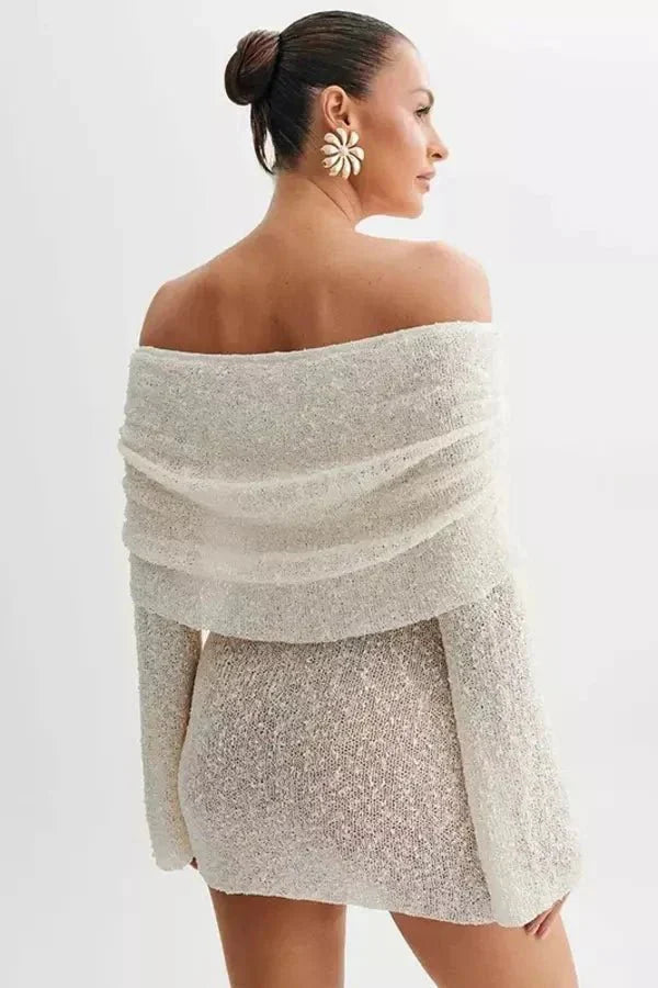 Damen Schulterfreies Minikleid mit Langen Ärmeln Drapierter Brustpartie und Strukturierter Oberfläche