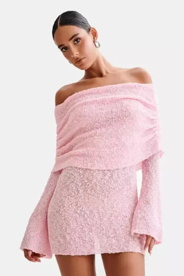 Damen Schulterfreies Minikleid mit Langen Ärmeln Drapierter Brustpartie und Strukturierter Oberfläche