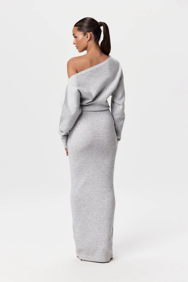Damen Schulterfreies Strickkleid mit Asymmetrischem Ausschnitt Langen Ärmeln und Maxilänge