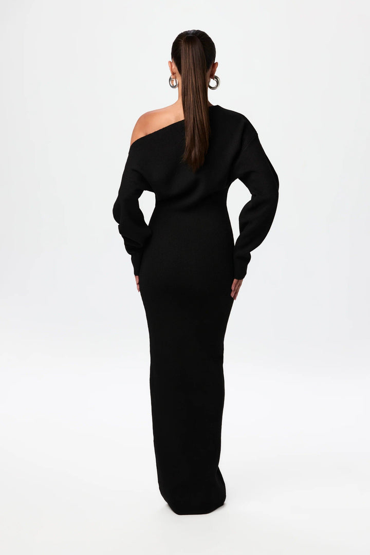 Damen Schulterfreies Strickkleid mit Asymmetrischem Ausschnitt Langen Ärmeln und Maxilänge