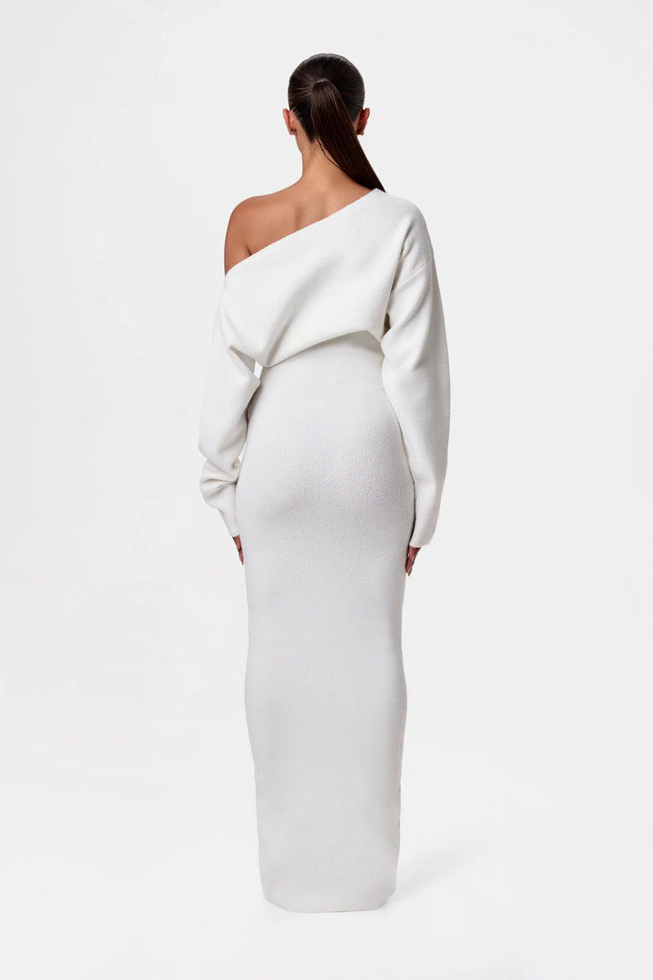 Damen Schulterfreies Strickkleid mit Asymmetrischem Ausschnitt Langen Ärmeln und Maxilänge