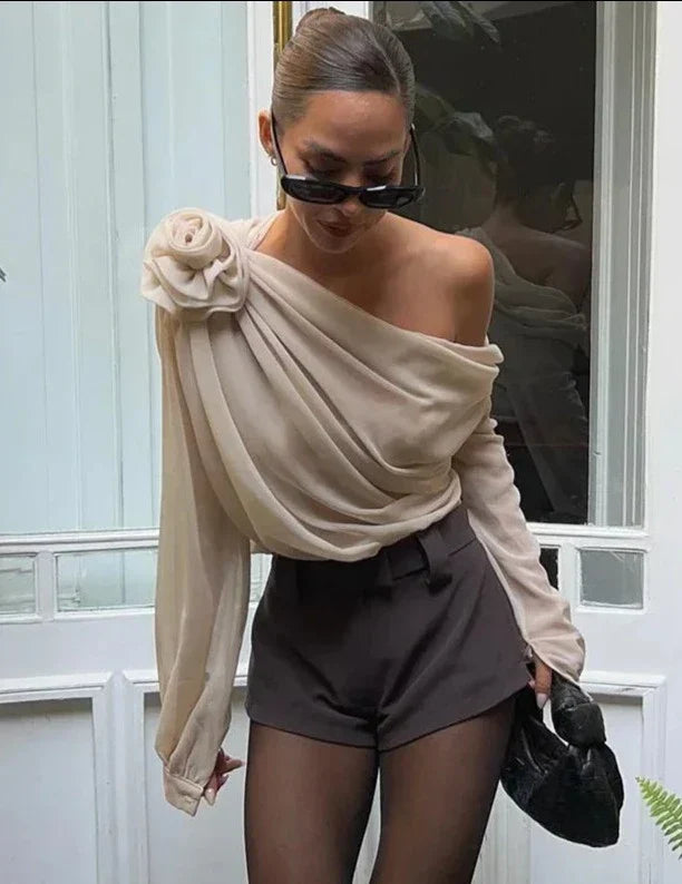 Damen Schulterfreies Top mit Rosenapplikation und Langen Ärmeln mit Bündchen