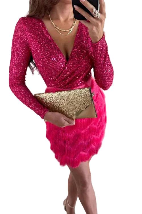 Damen Schwarzes Pailletten-Minikleid mit Federrock-Mini Dress-Alpenkind