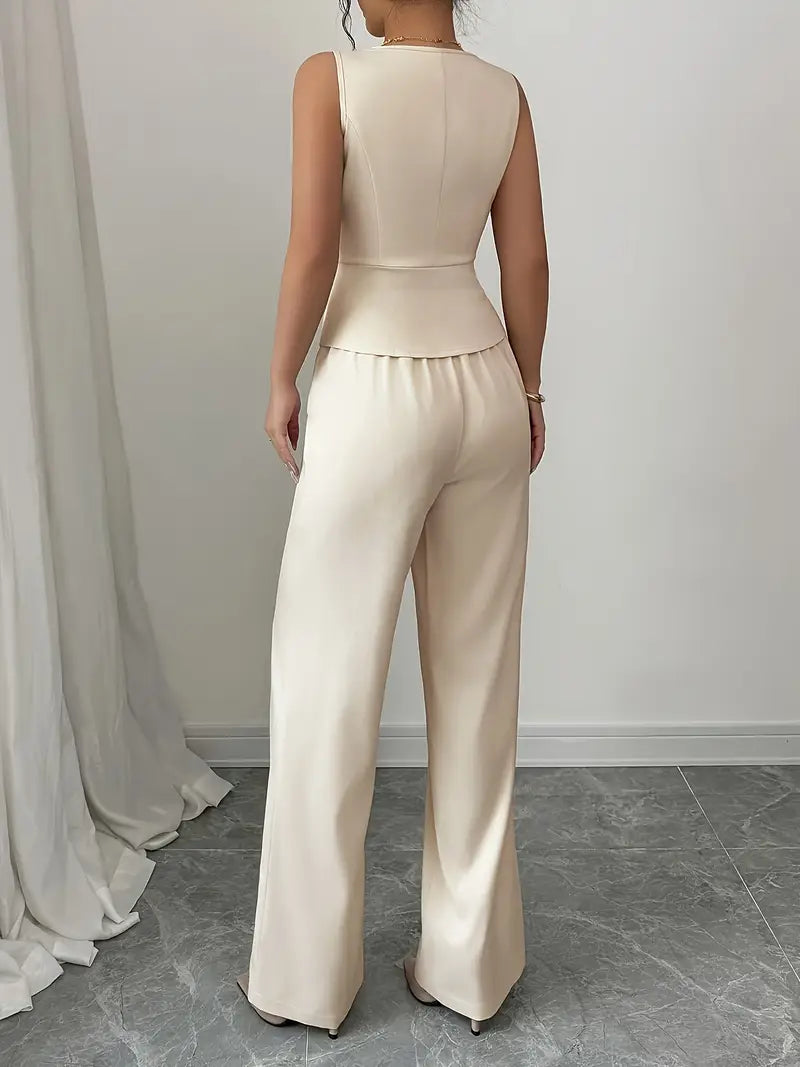 Damen Set mit ärmellosem Oberteil V-Dekolleté Knopfleiste und langer weiter Hose