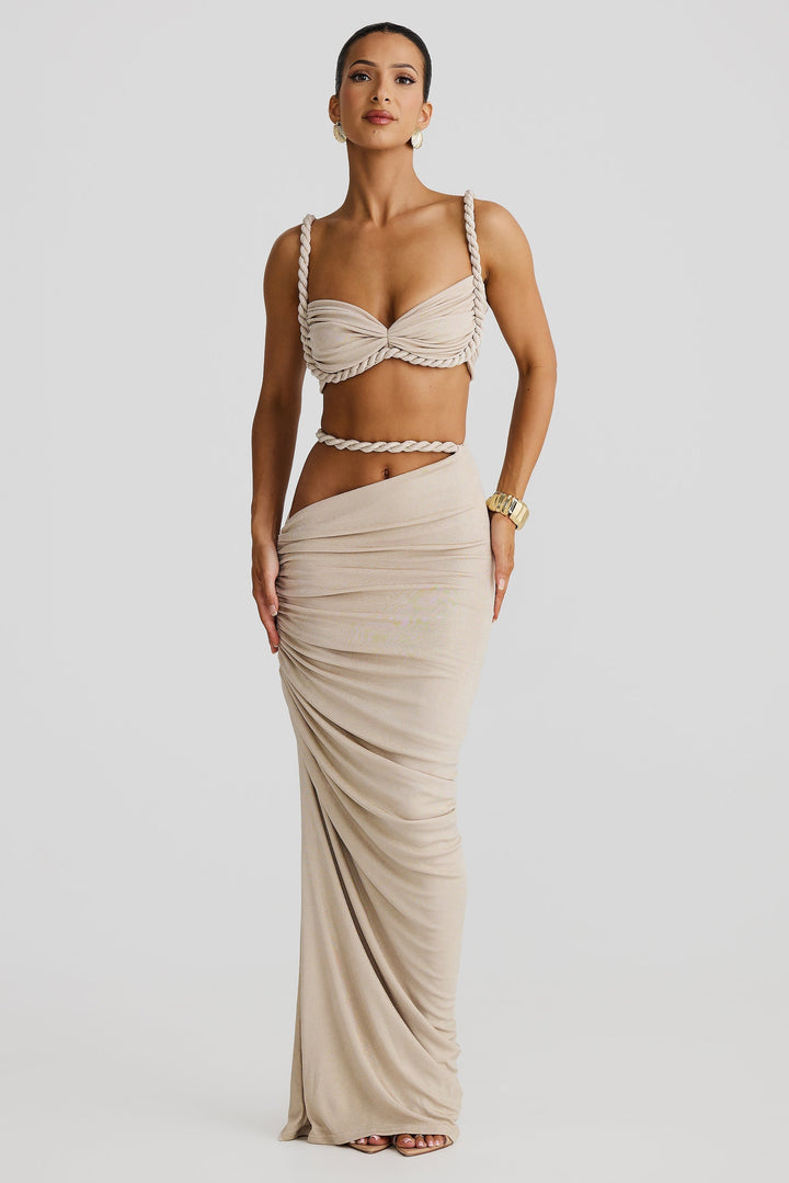 Damen Set mit Bustier-Oberteil und Maxirock mit geflochtenen Trägern und seitlicher Raffung