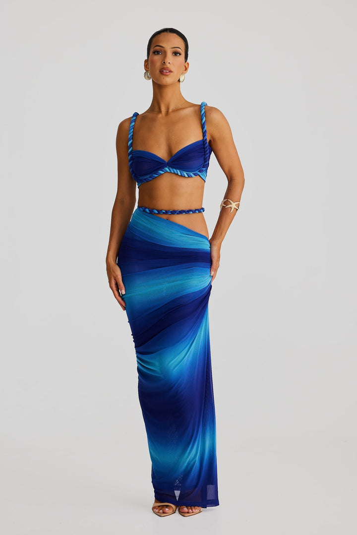 Damen Set mit Bustier-Oberteil und Maxirock mit geflochtenen Trägern und seitlicher Raffung