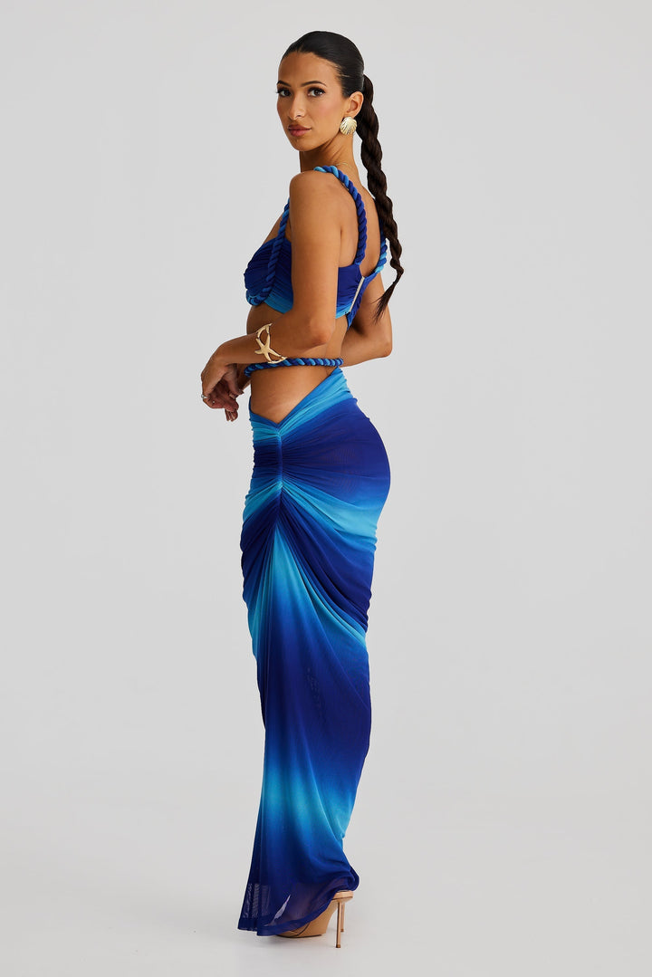 Damen Set mit Bustier-Oberteil und Maxirock mit geflochtenen Trägern und seitlicher Raffung