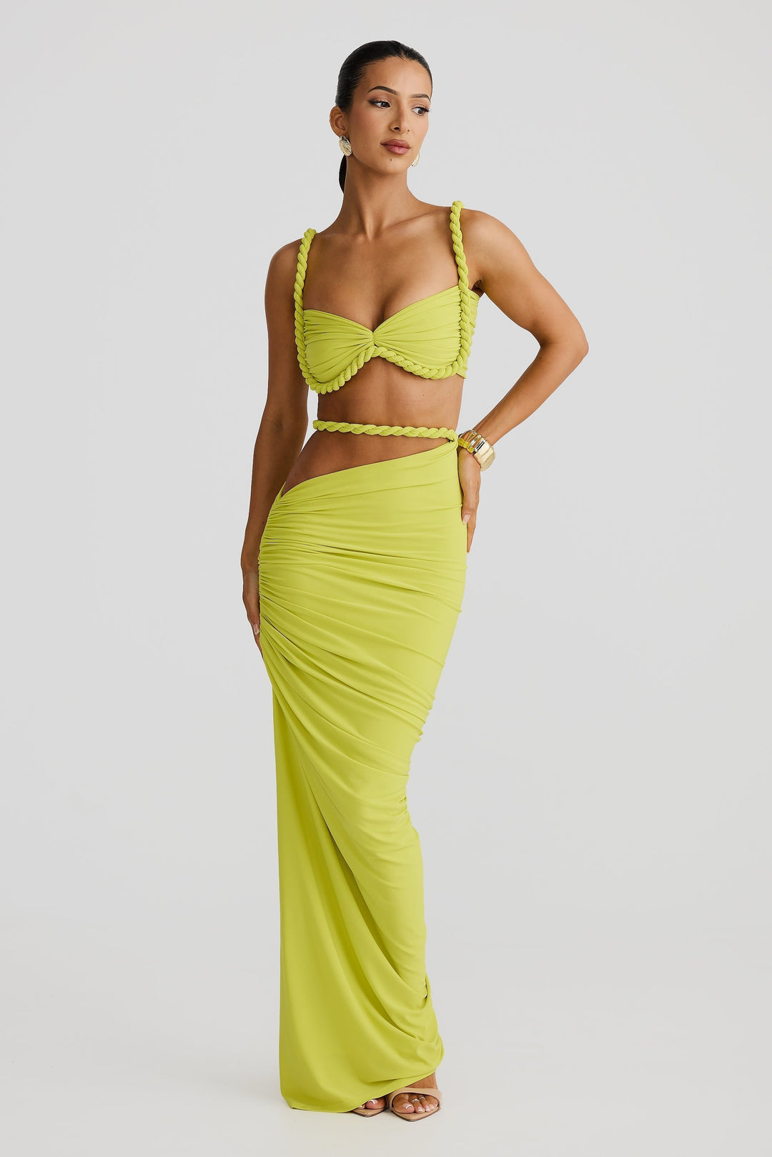 Damen Set mit Bustier-Oberteil und Maxirock mit geflochtenen Trägern und seitlicher Raffung