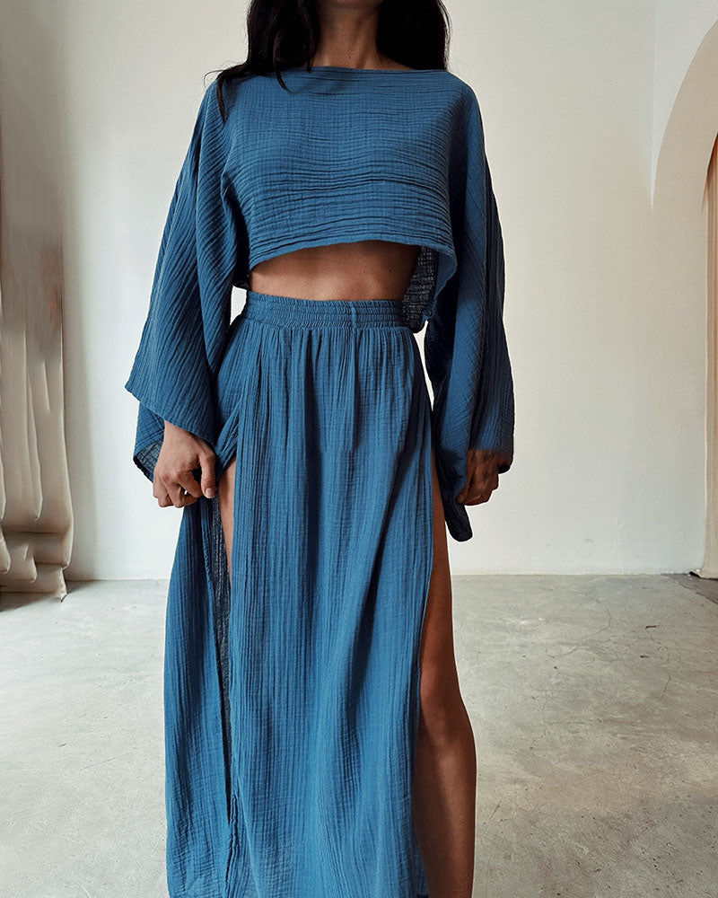 Damen Set mit Crop-Top und Maxirock mit Seitenschlitz