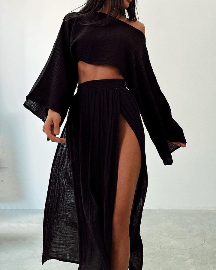 Damen Set mit Crop-Top und Maxirock mit Seitenschlitz