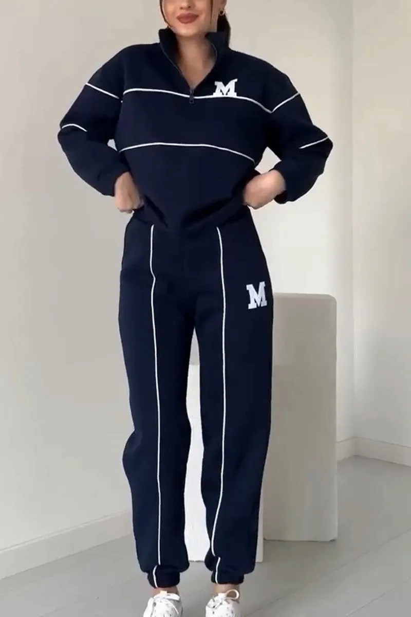 Damen Set mit Halbreißverschluss-Pullover und Jogginghose mit Kontraststreifen