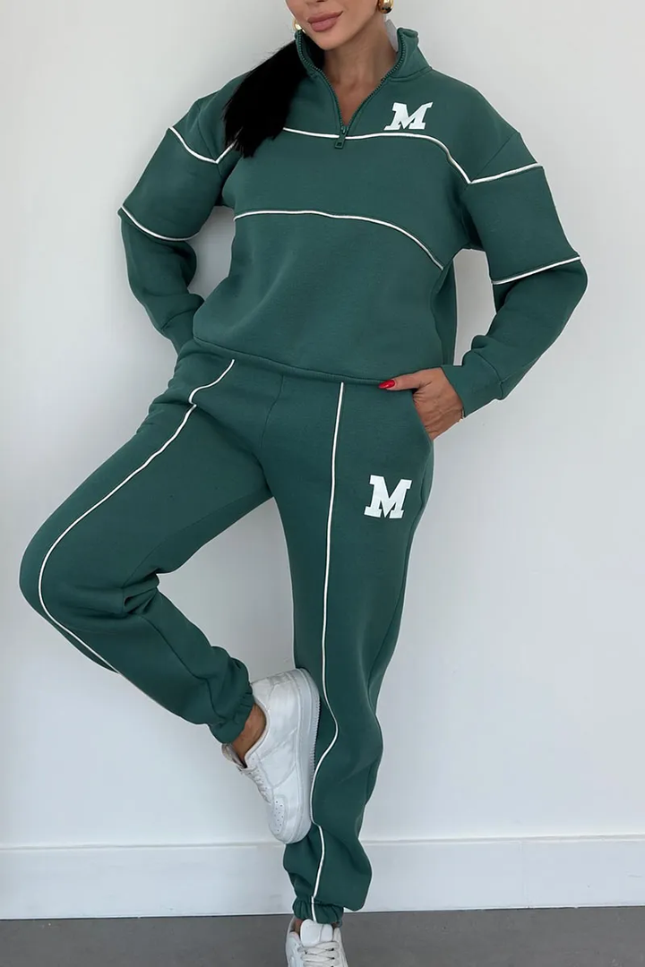 Damen Set mit Halbreißverschluss-Pullover und Jogginghose mit Kontraststreifen