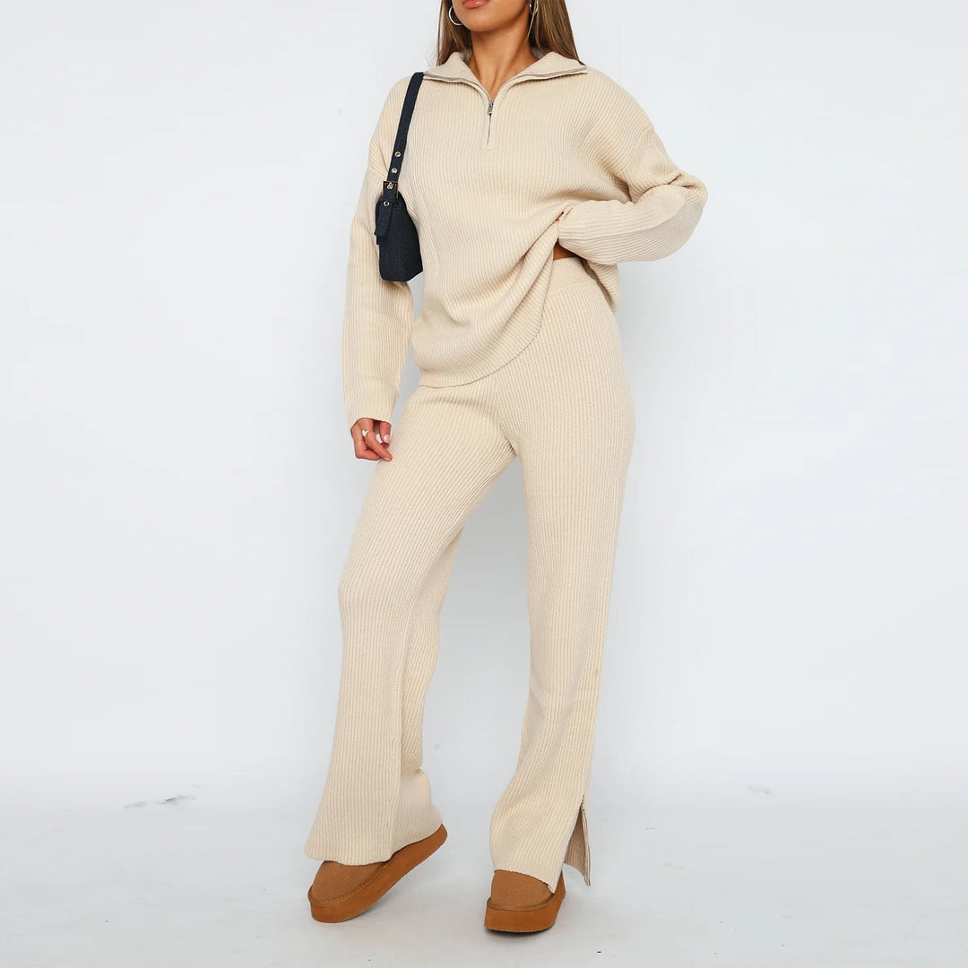 Damen-Set mit Reißverschluss-Pullover und Hose mit Rippenstruktur