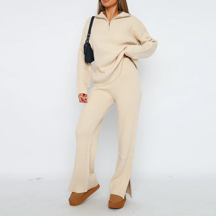 Damen-Set mit Reißverschluss-Pullover und Hose mit Rippenstruktur