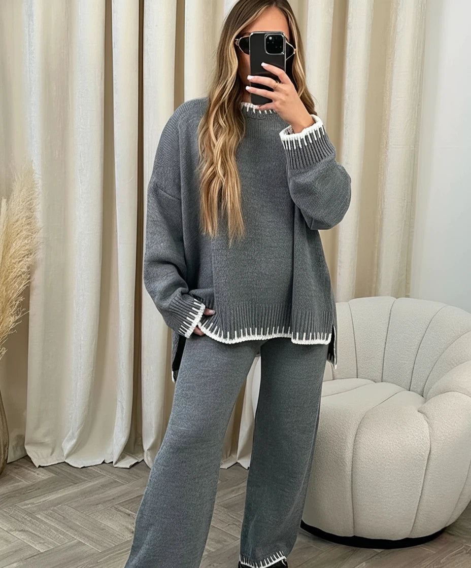 Damen-Set mit Rundhalsausschnitt-Pullover und langer Hose