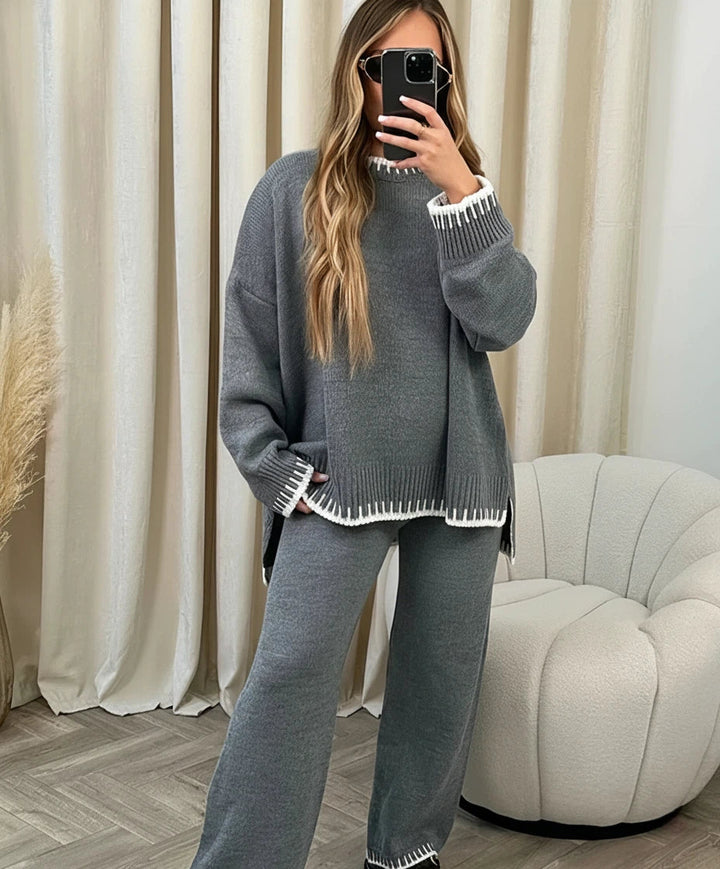 Damen-Set mit Rundhalsausschnitt-Pullover und langer Hose