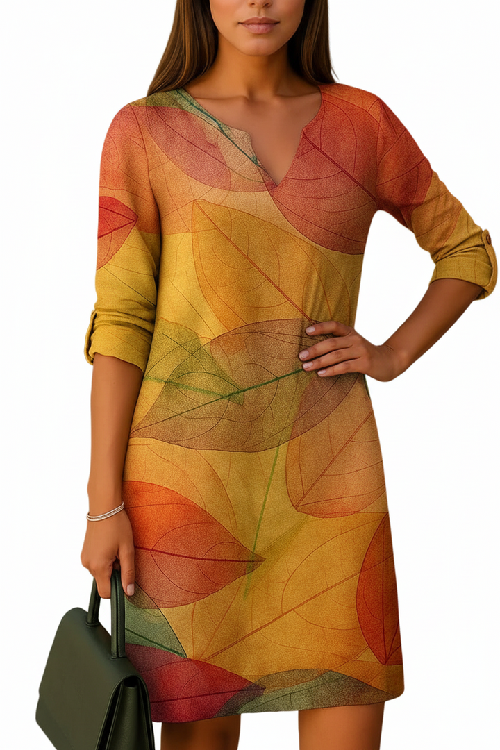 Damen Shiftkleid mit Blätterprint und V-Ausschnitt-Mini Dress-Alpenkind