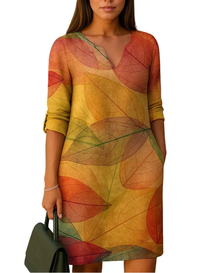 Damen Shiftkleid mit Blätterprint und V-Ausschnitt-Mini Dress-Alpenkind