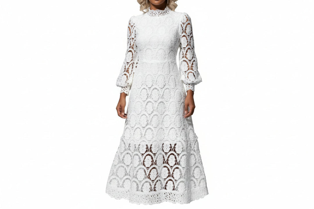 Damen Spitzen-Midikleid mit langen Ärmeln und hohem Kragen-Midi Dress-Alpenkind