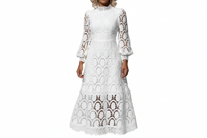 Damen Spitzen-Midikleid mit langen Ärmeln und hohem Kragen-Midi Dress-Alpenkind