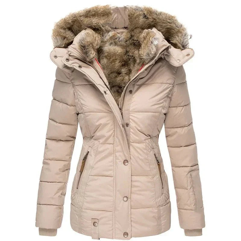 Damen Steppjacke mit Kunstfell-Kapuze und Reißverschluss
