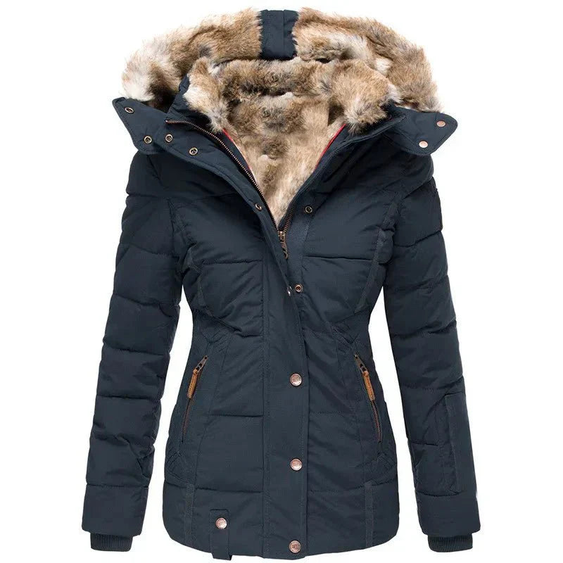 Damen Steppjacke mit Kunstfell-Kapuze und Reißverschluss