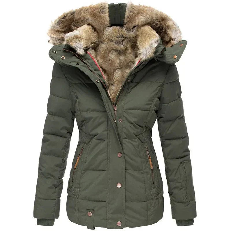 Damen Steppjacke mit Kunstfell-Kapuze und Reißverschluss