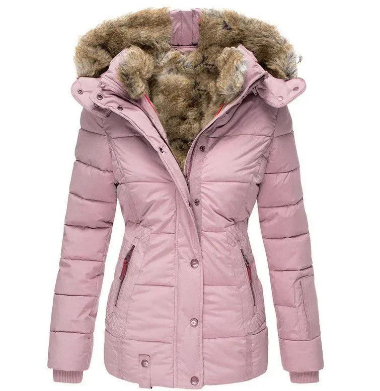 Damen Steppjacke mit Kunstfell-Kapuze und Reißverschluss