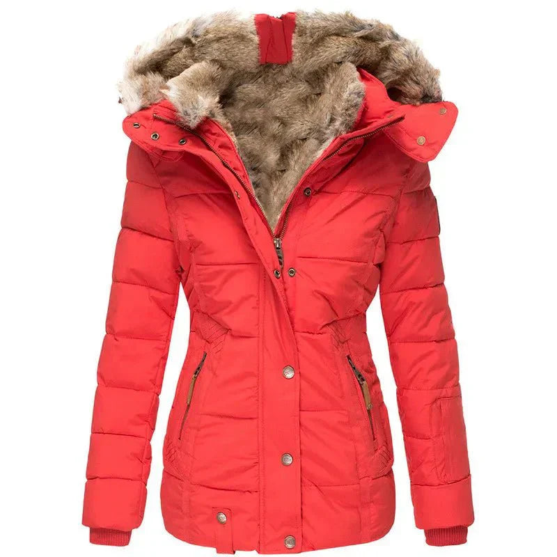 Damen Steppjacke mit Kunstfell-Kapuze und Reißverschluss