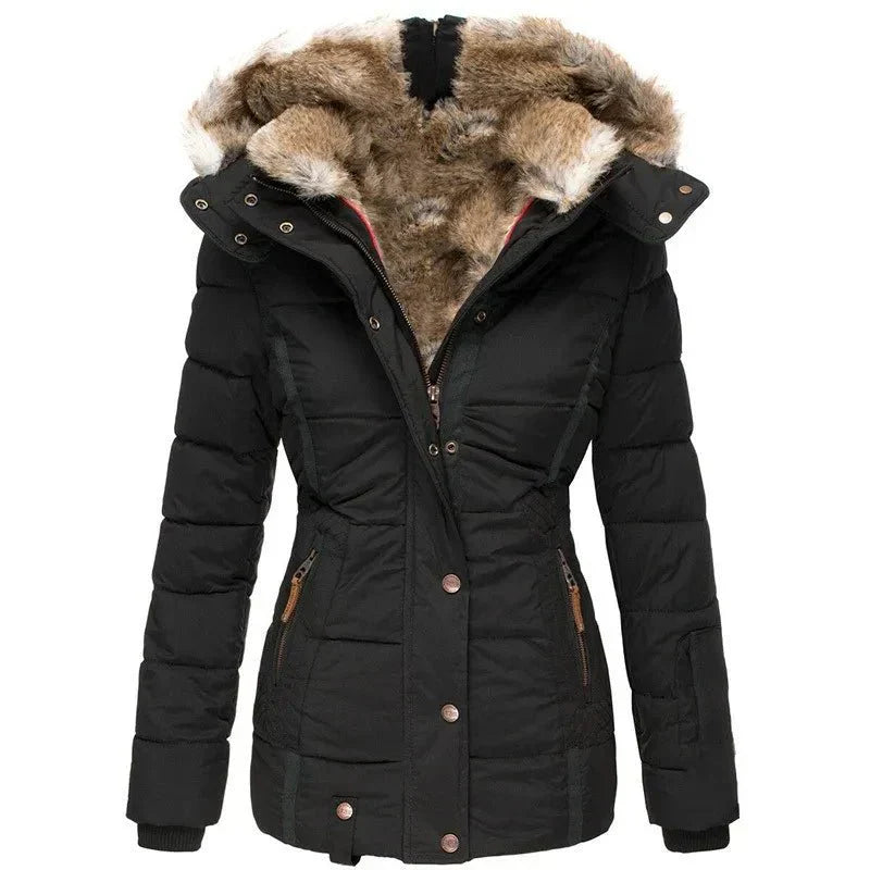 Damen Steppjacke mit Kunstfell-Kapuze und Reißverschluss