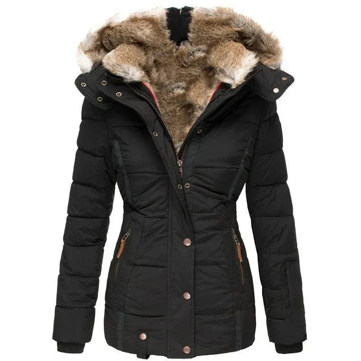 Damen Steppjacke mit Kunstfell-Kapuze und Reißverschluss