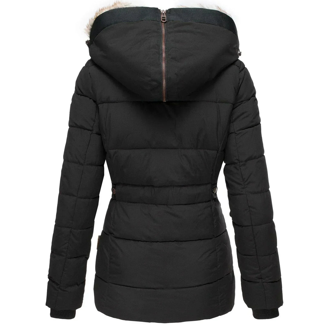 Damen Steppjacke mit Kunstfell-Kapuze und Reißverschluss