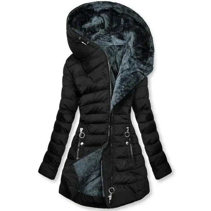 Damen Steppmantel mit Kapuze, Reißverschluss und seitlichen Reißverschlusstaschen-Women Outerwear-Alpenkind
