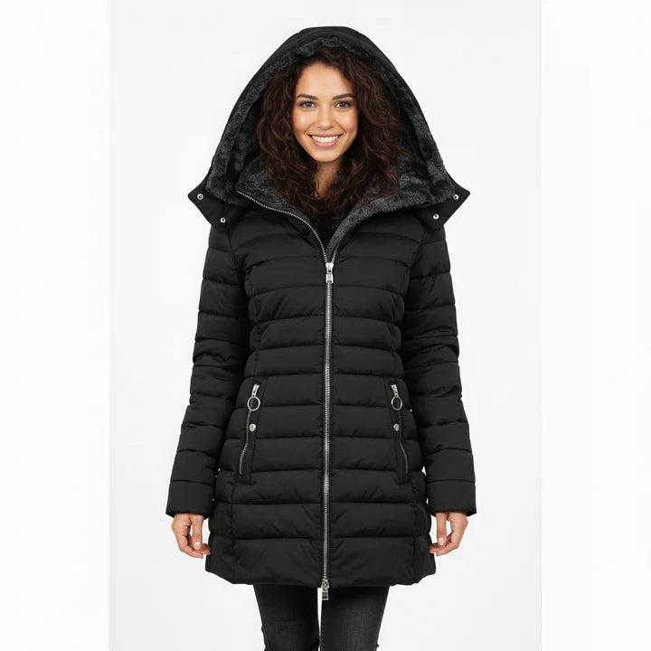 Damen Steppmantel mit Kapuze, Reißverschluss und seitlichen Reißverschlusstaschen-Women Outerwear-Alpenkind
