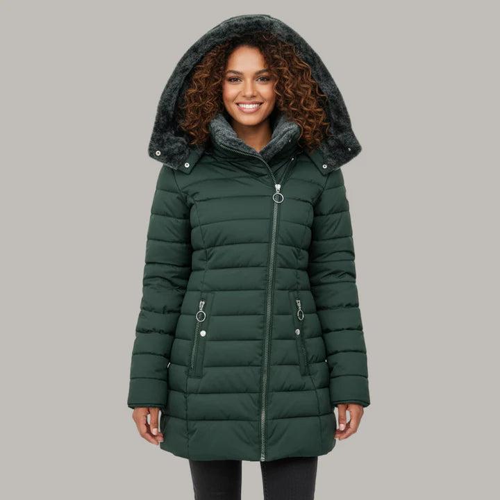 Damen Steppmantel mit Kapuze, Reißverschluss und seitlichen Reißverschlusstaschen-Women Outerwear-Alpenkind