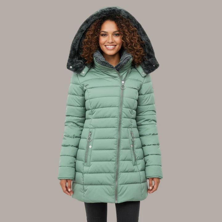 Damen Steppmantel mit Kapuze, Reißverschluss und seitlichen Reißverschlusstaschen-Women Outerwear-Alpenkind