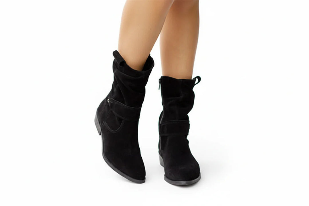 Damen Stiefel mit mittlerer Schafthöhe, Riemendetail und seitlichem Reißverschluss-Women Footwear-Alpenkind
