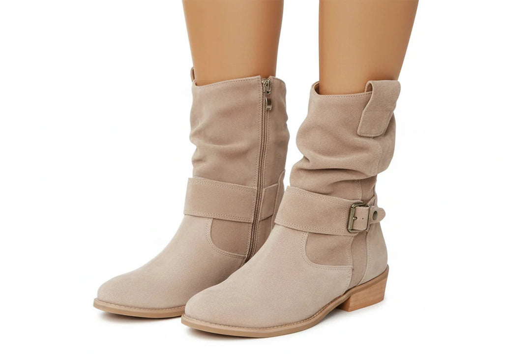 Damen Stiefel mit mittlerer Schafthöhe, Riemendetail und seitlichem Reißverschluss-Women Footwear-Alpenkind