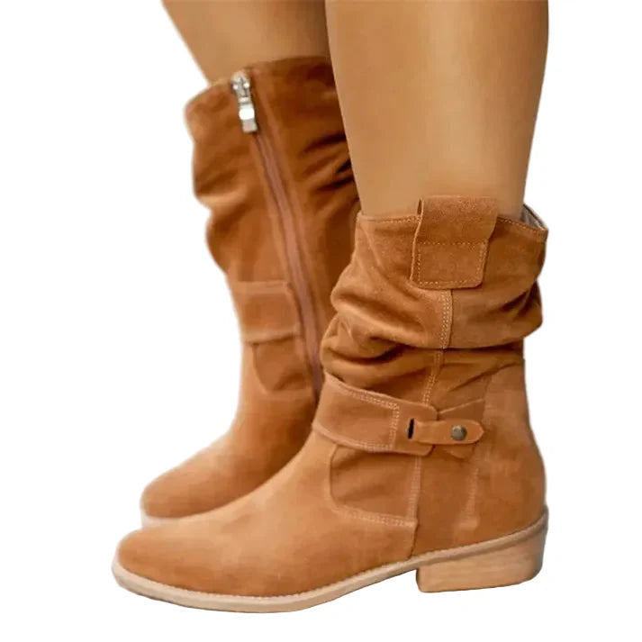 Damen Stiefel mit mittlerer Schafthöhe, Riemendetail und seitlichem Reißverschluss-Women Footwear-Alpenkind