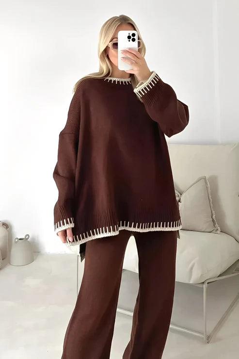 Damen Strick-Zweiteiler mit Langarmoberteil und Hose mit Geradem Bein-Women Set-Alpenkind
