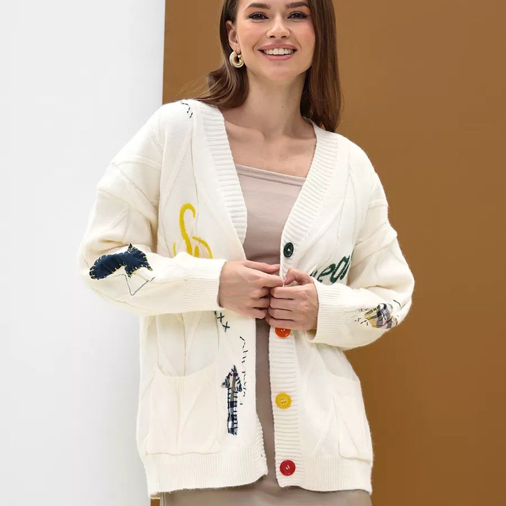 Damen Strickjacke mit Knopfleiste, V-Ausschnitt und aufgesetzten Taschen-Women cardigans-Alpenkind