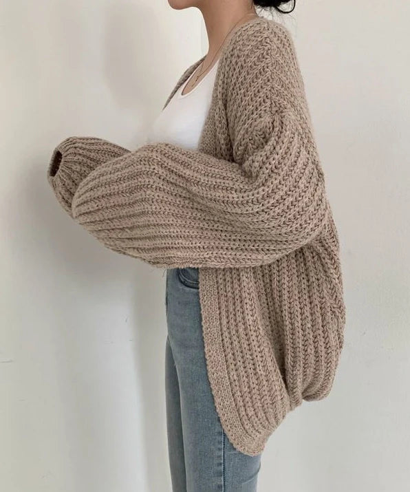 Damen Strickjacke mit offener Front langen Ärmeln und Grobstrickoberfläche