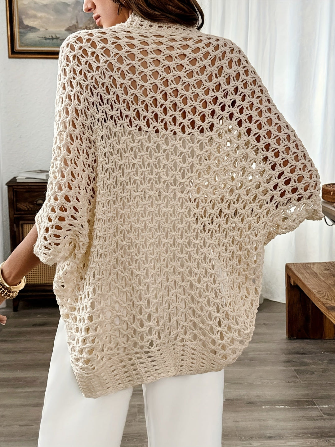 Damen Strickjacke mit Offener Front Weiten Ärmeln und Lochmuster